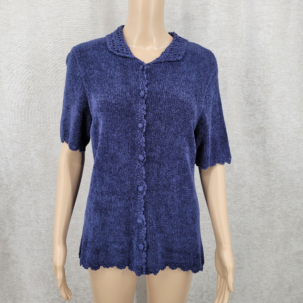 Vintage Blue Silk Blend Chenille Knit Button Up Short Sleeve Cardigan Sweater